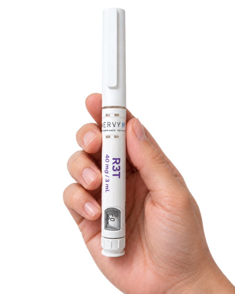AERVYN Retatrutide (R3T) peptide pen, 40 mg / 3 mL, held in a hand